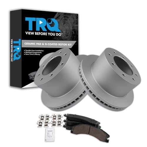 Image of TRQ Rear Brake Pad & Rotor Kit Ceramic Premium G-Coated Compatible with 2011-2019 Chevrolet Silverado 3500 HD GMC Sierra 3500 HD