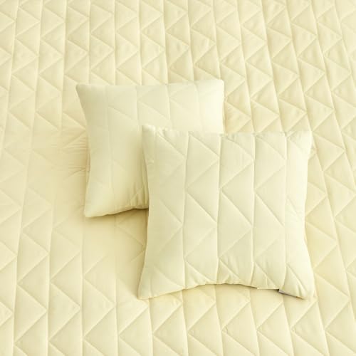 Image of Oversized King Bedspread 128x120 Extra Wide, Geometric Diamond Stitched Quilt Set King /Cal King, Lightweight Reversible Coverlet, Straight Edge - Soft Modern Look, 5 Piece, Ivory Yellow