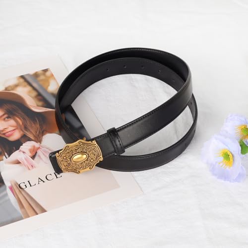 Image of Women's Fashion Classic Metal Buckle Leather Belt with Jeans Dress