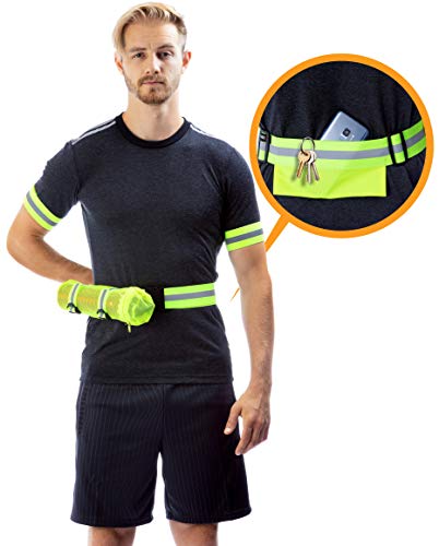 Reflective Belt for Running or Cycling Safety Gear with Back Pocket - Water Bottle Holder - Outdoor Reflector Wrist Arm Ankle Band Set