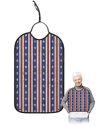 Red Blue Star Stripes Adult Bib for Eating with Crumb Catcher,Washable & Waterproof Terry Cloth Adjustable Elderly Women Men Adult Bibs Funny Apron Clothing Protector Farmhouse Independence Day