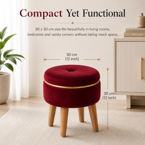 Image of Ottoman Stool for Living Room Foot Rest | Velvet Small Ottoman Foot Stool | Solid Wood Legs | Footstool Puffy for Home, Bedroom & Makeup Table | 30 x 30 cm (12 x 12 Inch) | Maroon