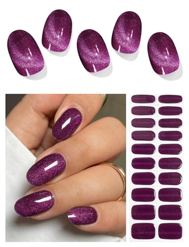 AutyaMee Semi Cured Gel Nail Strips (Deep Plum Cat Eye) Dark Purple 20 Pcs Gel Nail Wraps Stickers UV Light Required Salon Quality Long Lasting