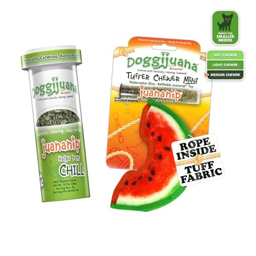 Image of Doggijuana Watermelon Slice & Juananip Bundle | Squeaky Refillable Plush | Refillable squeaky plush dog toy + organic calming catnip; eases anxiety, stress & storms; drug-free, hand-harvested