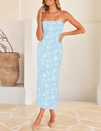 Image of ZESICA Women's 2026 Summer Floral Strapless Bodycon Midi Dress Off Shoulder Beach Formal Cocktail Wedding Guest Long Dresses