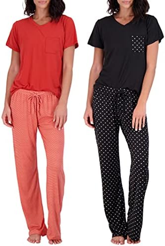 Real Essentials Women’s Pajama Sets Ladies Short Sleeve V-Neck Tops Pants Bottoms Bamboo Pijama Mujer comfy Soft PJ fashion Sleepwear Lightweight Sleep Lounge Night Wear, Set 4, Medium, Pack of 2