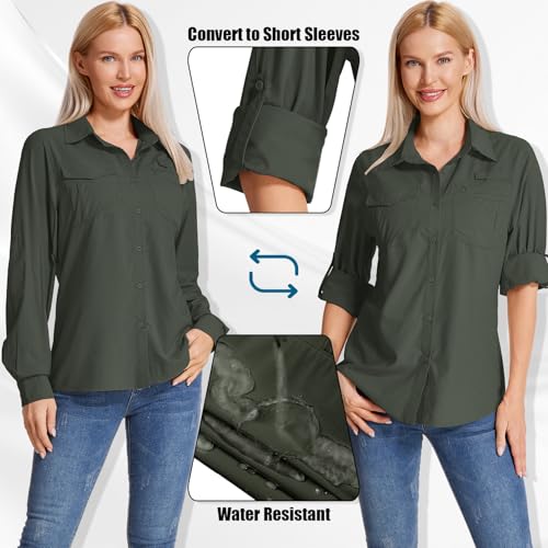 Yenwits Hemdbluse Damen UPF 50 UV Schutz Langarmshirt Atmungsaktiv Quick Dry Safari Kleidung Outdoor Wanderhemd Casual Tops für Reisen Sport Angeln Golf(5081,Army Green,M)