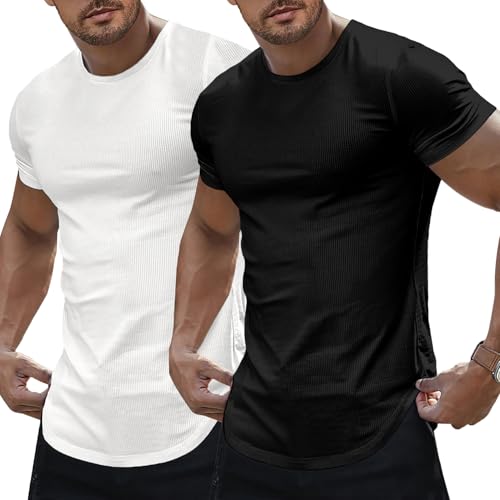 Image of JMIERR Mens Short Sleeve T Shirt Summer Muscle Slim Fitted Crewneck Longline Tees Shirts for Gym Workout