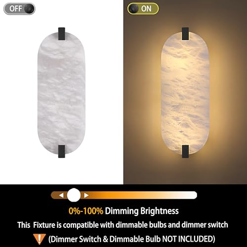 Image of 13.7 inch Natural Oval Alabaster Marble Modern Concise 2 Pack 2 Light Wall Sconce Fixture,Black Finish for Bathroom Bedroom Hallway Bedside Staircase Vanity Mirror
