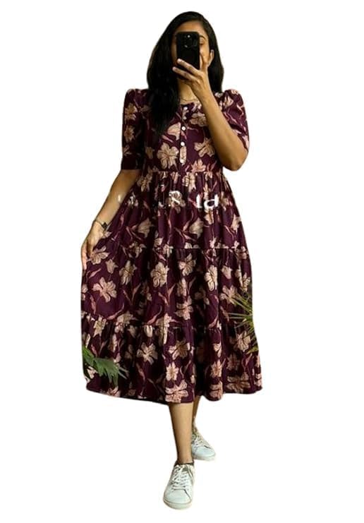 Women's Rayon Floral Printed Midi Dress Short One Piece | Casual Wear | Short Sleeves | Round Neck-picture-20