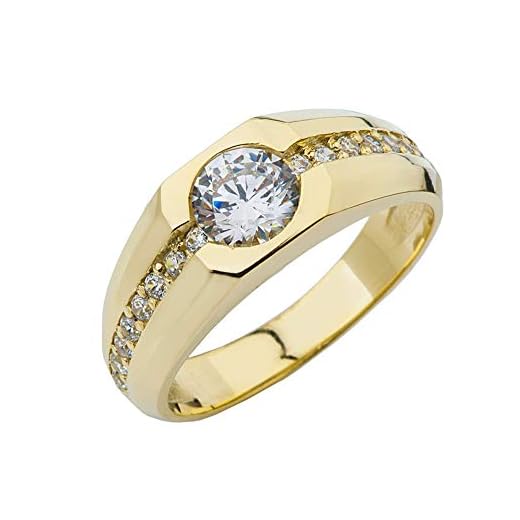 Kleine Schätze Anillo pequeño para Hombre de Oro Amarillo de 14 Quilates con Diamante Solitario y 1 topacio Blanco con Piedra Central