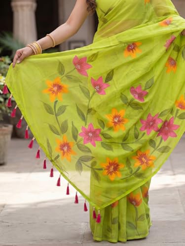 Image of AKHILAM Women's Cotton Saree with White Daisy Floral Prints Tassel Pallu Lightweight Summer Saree