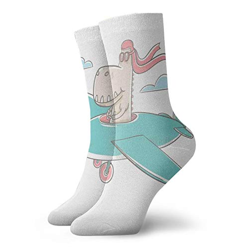 Fashion Compression Socks,Dinosaur Flying A Plane In Sky Cool Hipster Funny Boys Graphic,Performance Polyester Cushioned Athletic Crew Socks for Running,Athletic, -12 inch