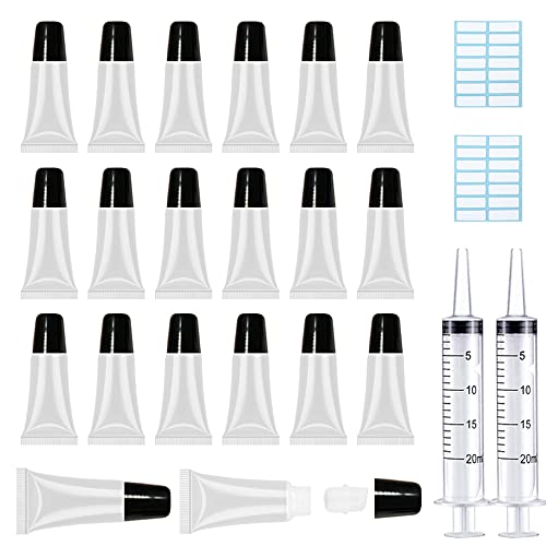 AMORIX 50PCS Lip Gloss Tubes 5ml Black Cap Refillable Cosmetic Syringes + Labels for DIY Lip Gloss Base Glitter