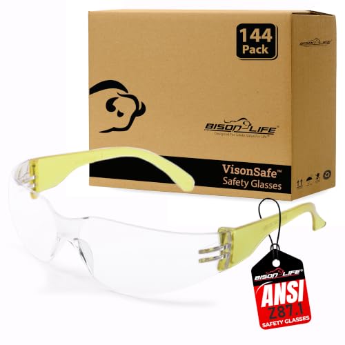 Image of BISON LIFE Clear /Yellow Safety Glasses for Men & Women, ANSI Z87.1,144 Pack | Scratch & Impact Resistant Wraparound Safety Goggles, UV Protection Eyewear for Work, Construction, Lab, Industrial