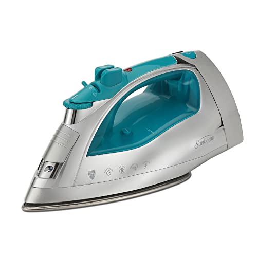 Sunbeam Steammaster 1400 Watt Iron with 8′ Retractable Cord, Large Anti-Drip Nonstick Stainless Steel Soleplate, Horizontal or Vertical Shot of Steam and 3-Way Auto Shut-Off, Chrome/Teal