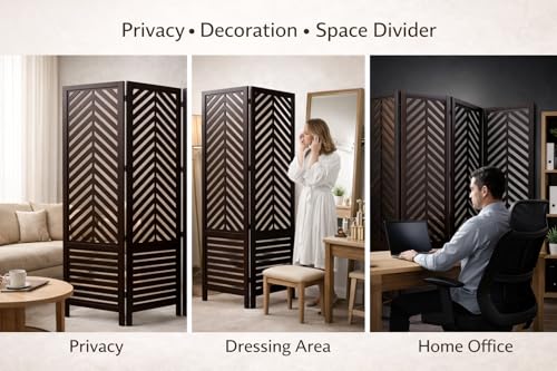 Image of Rose Wood Wooden Partition for Living Room, 3 Panel 6 Feet Room Divider and Wood Screen Separator, Partition Wall for Home and Pooja Room, Size 60W x 71H Inches, Brown.