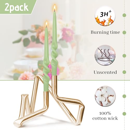 Image of Twisted Taper Candle Smokeless Green Spiral Candlesticks 9.5 Inch Unscented Handmade Dinner Candles Set for Holiday Party Seasons Home Decoration 2 Pcs