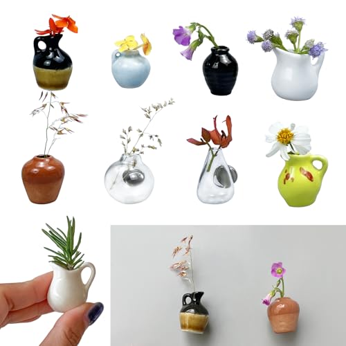 HEVOY Mini Ceramic Vase Magnets for Fridge, Magnetic Refrigerator Ceramic Vases, Tiny 3D Plant Vase Door Magnetic Stickers for Kitchen Refrigerator Office Locker Decoration (8, A)