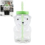 Kawaii Bear - Vaso de vidrio con popote y tapa, vaso de vidrio reutilizable para café, jugo, vino, leche, té, batidos, infusión, vasos de agua de grado alimenticio