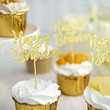 Efavormart Happy Birthday | Real Feathers LED Cake Topper, Floral Wreath Cake Topper With Flashing Light for Garland Lovely Decoration with Led Light Birthday Party Supplies (BDY_Gold)