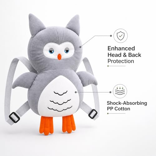 Image of GLUN Baby Cute Owl Soft Cushioning Fall Protector Backpack Pack of 1 Grey Colour, Adjustable Shoulder Belt, Head Protection Back for 6-12 Month Toddler Babies