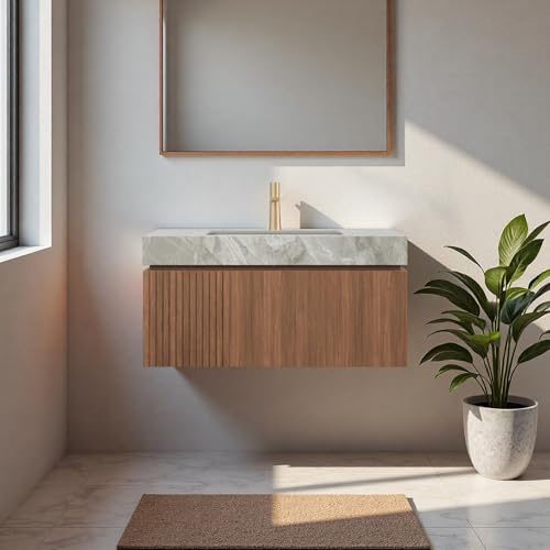 Image of 36 inch Bathroom Vanity with Sink, Wall-Mounted Plywood Bathroom Storage Cabinet with Ceramic Basin & Sintered Stone Countertop, Modern Pre-Assembled Floating Vanity with Drawer & Door, Brown Oak