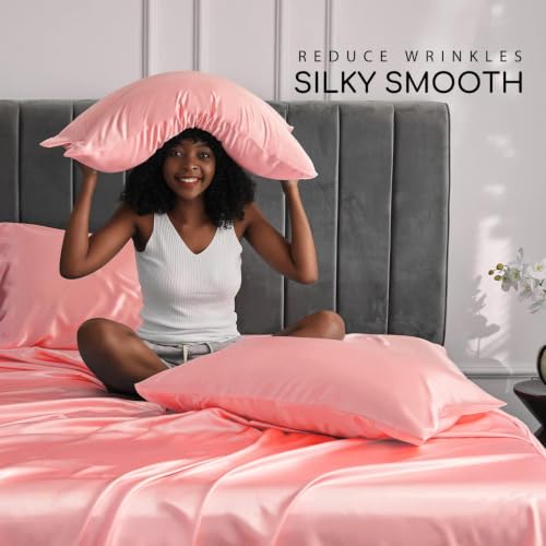 Image of MR&HM Satin Bed Sheets, Twin Size Sheets Set, 3 Pcs Silky Bedding Set with 15 Inches Deep Pocket for Mattress(Twin, Blush)
