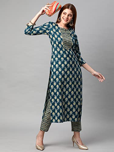 Image of ANNI DESIGNER Women's Cotton Blend Printed Straight Kurta With Pant