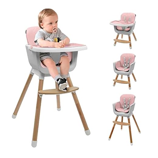 Silla Alta para Bebés, Periquera de Altura Ajustable para Alimentar, Silla de Doble Posicion, Charola Desmontable, Cuero Sintetico Facil de Limpiar (Rosa)