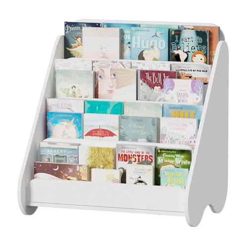 Image of Lkeiyay Kids Bookshelf - 4-Tier White Wooden Book Storage Organizer for Toddlers, Space-Saving Children's Book Rack for Kids Room /Nursery, Easy-Access Picture Book Display Shelf