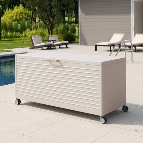 Image of MIRADOR 205 Gallon Outdoor Storage Box with Wheels & Soft-Close Lid, Waterproof Metal Deck Box for Patio Cushions, Garden Tools & Pool Accessories, Latte