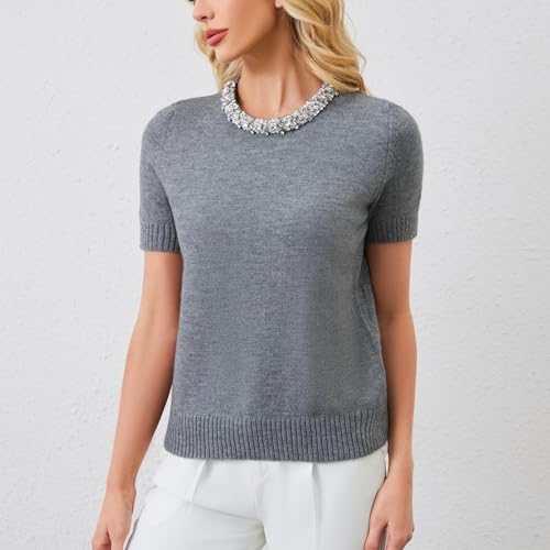 Aperlamiri Women's Knitted Short Sleeve Classic Fit Dressy Spring Outfit Crytals Round Neck Sweater Top2