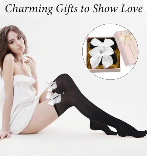 Black Stockings Thigh High, Black Thigh Highs, Charming and Smooth Soft Velvet Stockings with Bows for Women Parties, Weddings, and Everyday Wear (White Bow)4