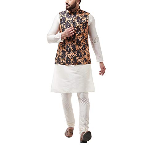 Image of SOJANYA (Since 1958, Men's Silk Blend Pink Kurta Pyjama & Printed Nehrujacket Combo