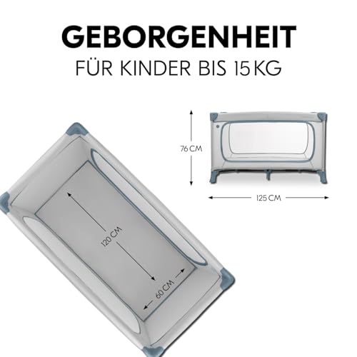 hauck Dream N Play Plus, Dusty Blue - Kinderreisebett mit Transporttasche - Großer Schlupf zum Spielen - Klein Zusammenklappbar - Baby Reisebett Kleinkind ab Geburt bis 15 kg