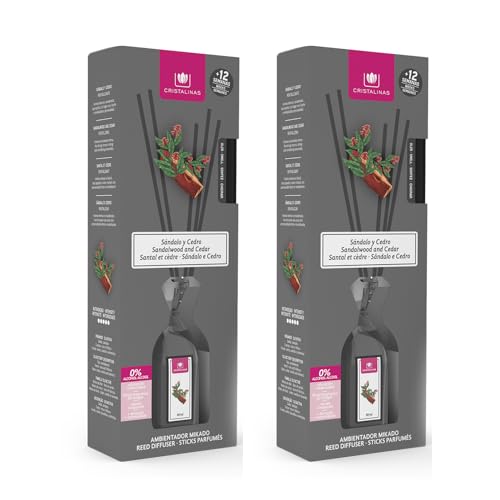 CRISTALINAS | Ambientador Mikado | 100% Puro | Larga Duración 12 Semanas | 90ml | 0% Alcohol (PACK 2, Sándalo y Cedro)