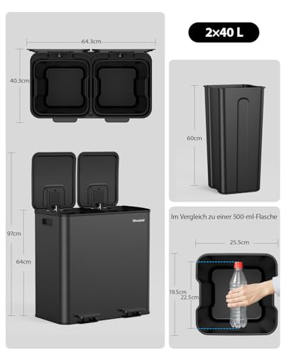 lovewind Mülleimer Küche 80L, 2 x 40L Mülltrennsystem mit 2 Fächern, Edelstahl Tretmülleimer mit Soft-Close Deckel… – Ansicht 5