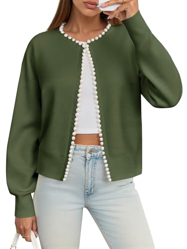 Image of Saodimallsu Womens Fall Open Front Cardigan Sweaters Pearl Long Sleeve Knit Tops Crewneck Dressy Casual Sweater Jacket