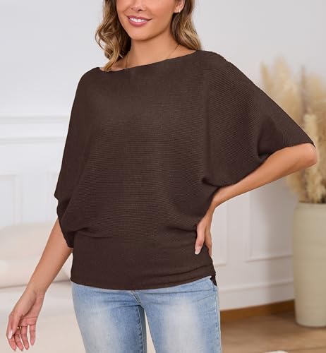 Image of MAKARTHY Womens Batwing Sleeves Knitted Dolman Pullovers Boat Neck Tops Sweatershirts
