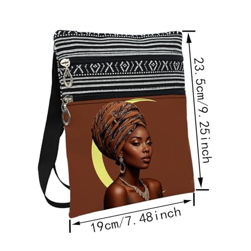 African American Messenger Bag Small Ethnic Pattern Printed Adjustable Strap Crossbody Zipper Pouch Brown Moon Phone Organizer Wallet Cute Shoulder Handbag for Black Women2