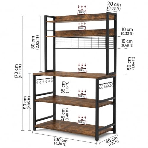 Image of 5-Tier Kitchen Organizer Rack-Multipurpose Microwave Stand for Kitchen Platform & OTG Oven-Steel Utensils Storage Shelf with Hooks - Engineered Wood & Metal Rack for Home- 100x40x170 cm - Rustic Brown