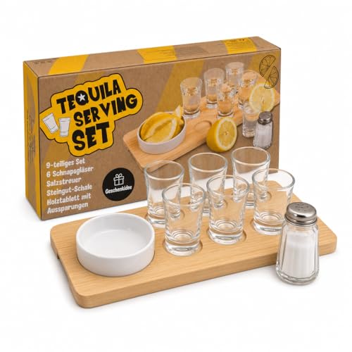 MIJOMA Tequila-Servierset 9-teilig – Holzbrett mit 6 Shotgläsern, Salzstreuer & Zitronenschale...