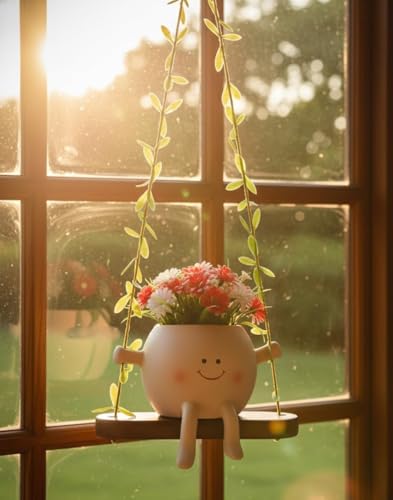 Image of KSV Enterprises Decorative Hanging Planter Pot with Swing Shelf, White Resin Smiling Face Design, Indoor Garden Decor for Artificial Flowers