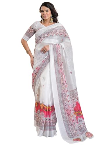 Image of Satrani Women's Linen Printed & Embroidery Ready To Wear Saree with Unstitched Blouse Piece