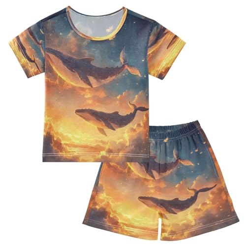 ALAZA Whale Cloud Fish Animal Pajamas Set Short Sleeve Cotton Sleepwear Summer Pjs 2 Piece 5-14Y