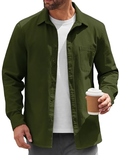 Coofandy Mens Lightweight Button Down Shirt Jacket Casual Shacket Overshirt, Army Green, Large