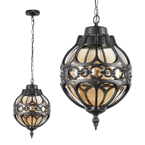 Zanritelit Globe Outdoor Pendant Lights for Porch Patio Garage, Matte Black Aluminum Anti-Rust Hanging Light Fixture, Industrial Round Amber Glass Exterior Chandelier, Outside Pendant Lamp Lantern