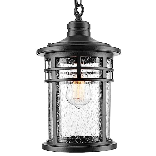 Image of Darkaway Large Outdoor Pendant Lights, 15inch Outdoor Chandelier Hanging Porch Lights Outside Ceiling Mount Aluminum with Seeded Glass for Front Door Gazebo Patio (Large, Black)
