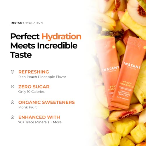 Image of Instant Hydration Sugar Free Electrolytes Powder Packets - Peach Pineapple Electrolyte Drink Mix & Travel Essentials - Post Workout Recovery, Brain Health, Muscle & Tissue Support - 20 Sticks